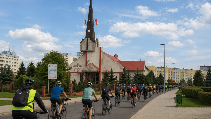 Grupa uczestników rajdu rowerowego przy kościele na osiedlu Lotnisko