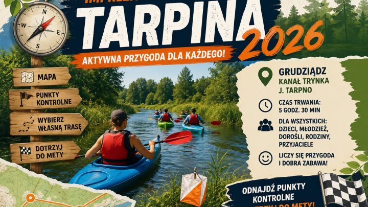 „Uczestnicy imprezy na orientację w lesie i terenach Grudziądza z mapą w ręku podczas TARPINA 2026”