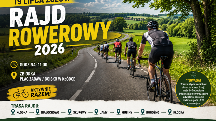 Grupa rowerzystów jedzie szosą przez malowniczą wiejską okolicę podczas Rajdu Rowerowego 2026 w Kłódce. Na grafice widoczne są zielone pola, drzewa oraz powiatowa droga wijąca się przez naturę.
